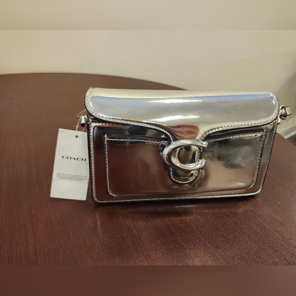 NWT Coach Metallic Silver Leather Tabby Mirror Medium Shoulder Bag